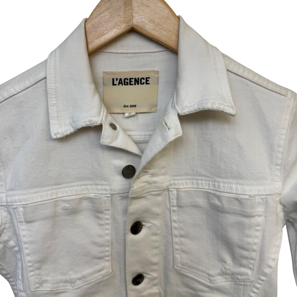 L'AGENCE Denim Jacket XS White Distressed XS Cotton Blend Made in USA - Picture 3 of 6